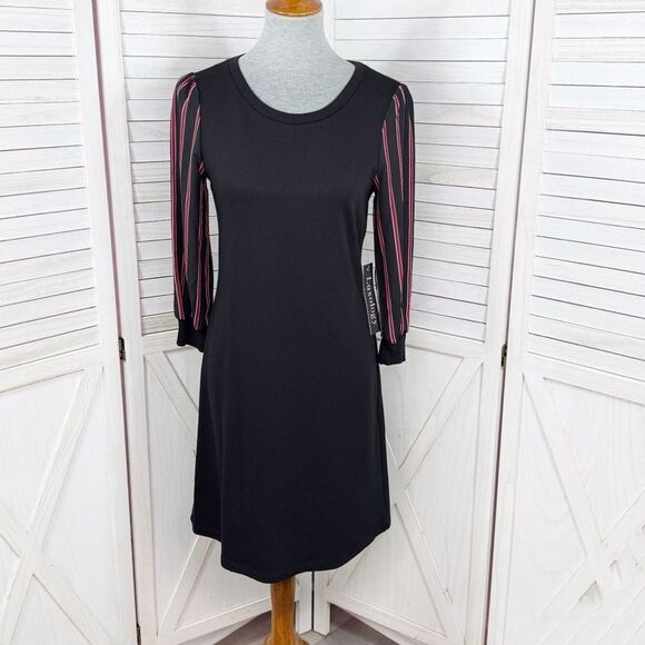 Luxology Jersey Knit Sheer Striped Sleeve Shift Dress Black XS - Picture 1 of 12